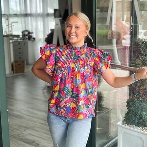 Sohana Colorful Multicolor Ruffle Sleeve Flutter Women's Top Size Large‎